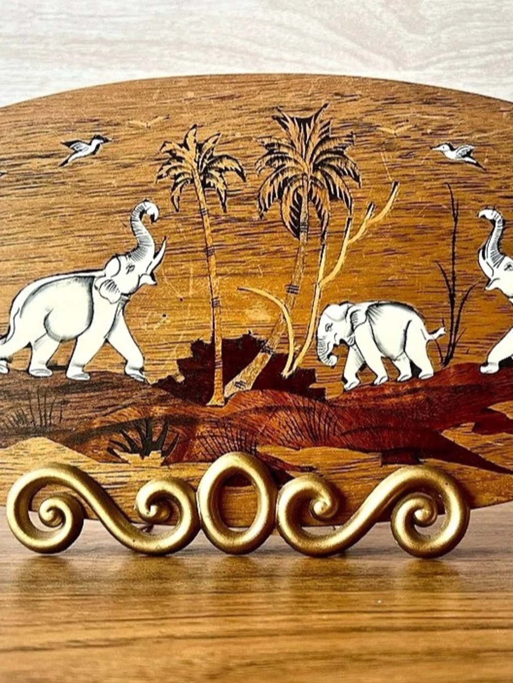 Vintage Indian Rosewood Inlay Elephant Plaque Wood Marquetry Wall Art Decor